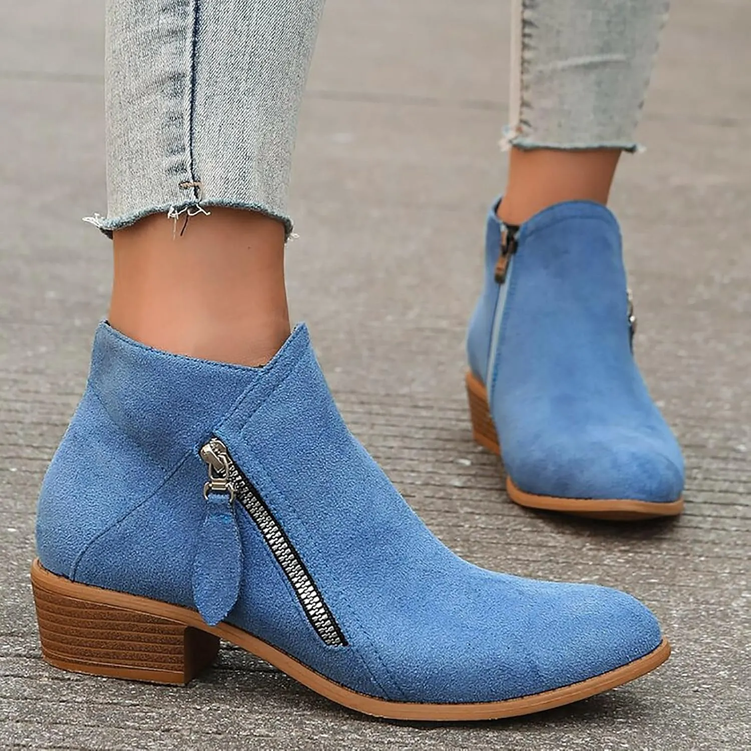 Cathalem Ankle Boots for Women Casual Cut Out Slip On Low Heel Short Chunky Stacked Heel Closed Toe Booties