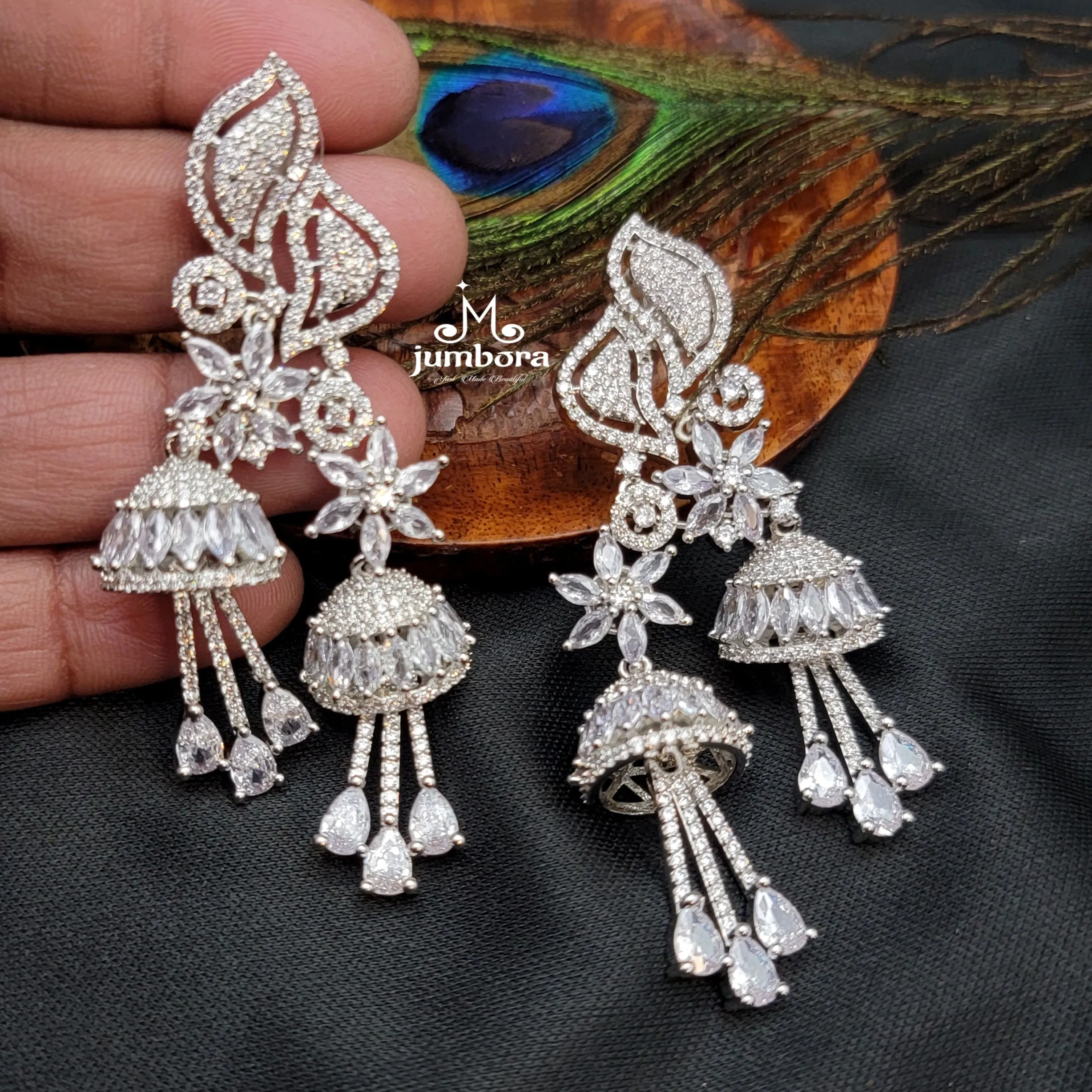 Contemporary Long Jhumka Style White & Rose Gold AD Zircon (CZ) Earring