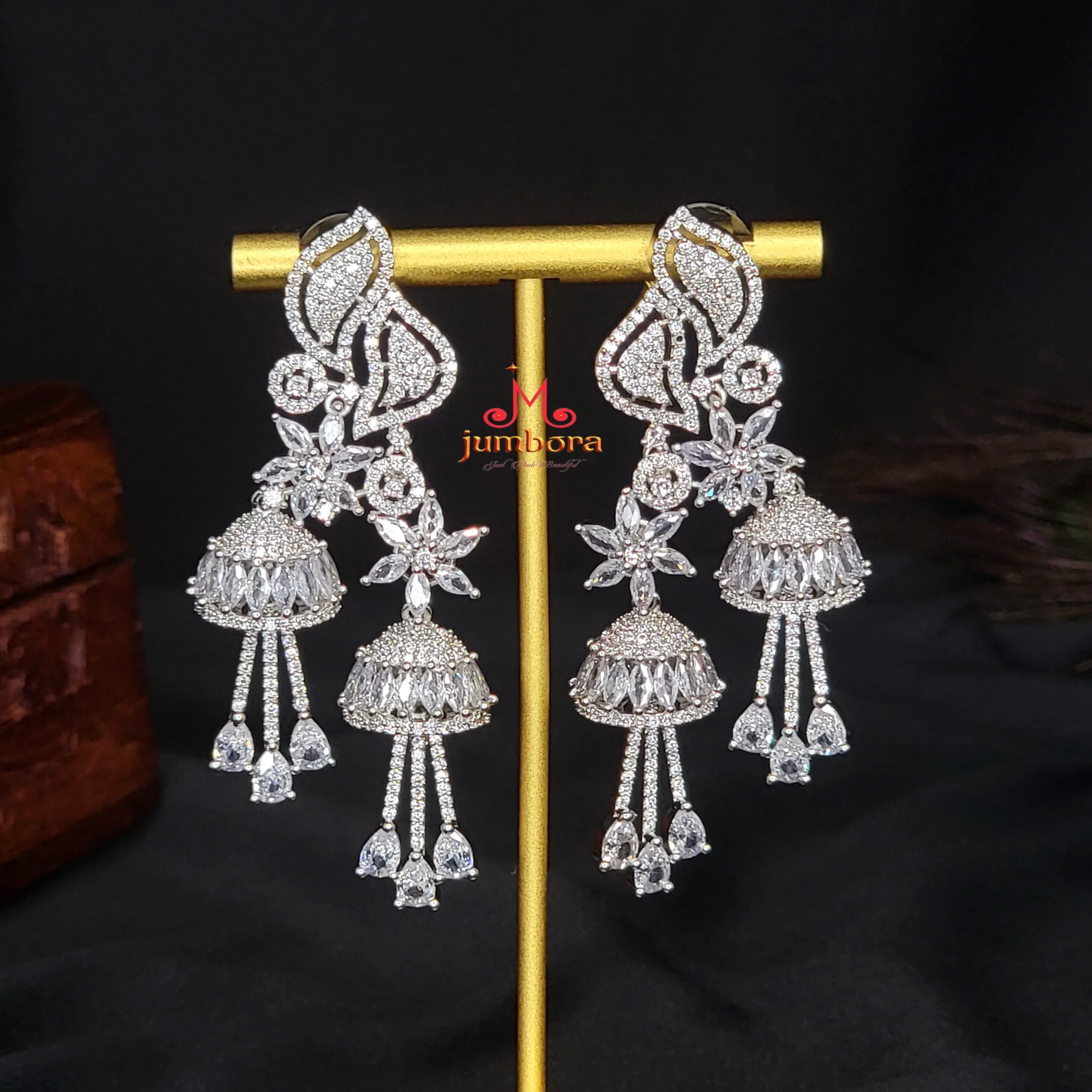 Contemporary Long Jhumka Style White & Rose Gold AD Zircon (CZ) Earring