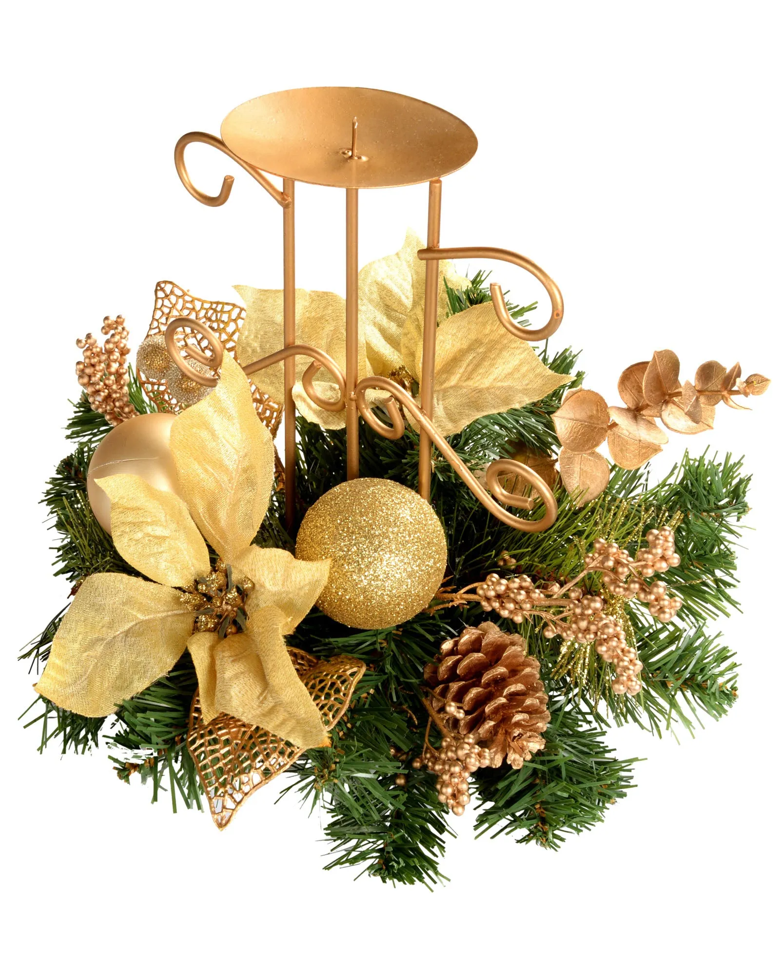 Decorated Table Centre Piece Candle Holder - Cream/ Gold, Single Pillar