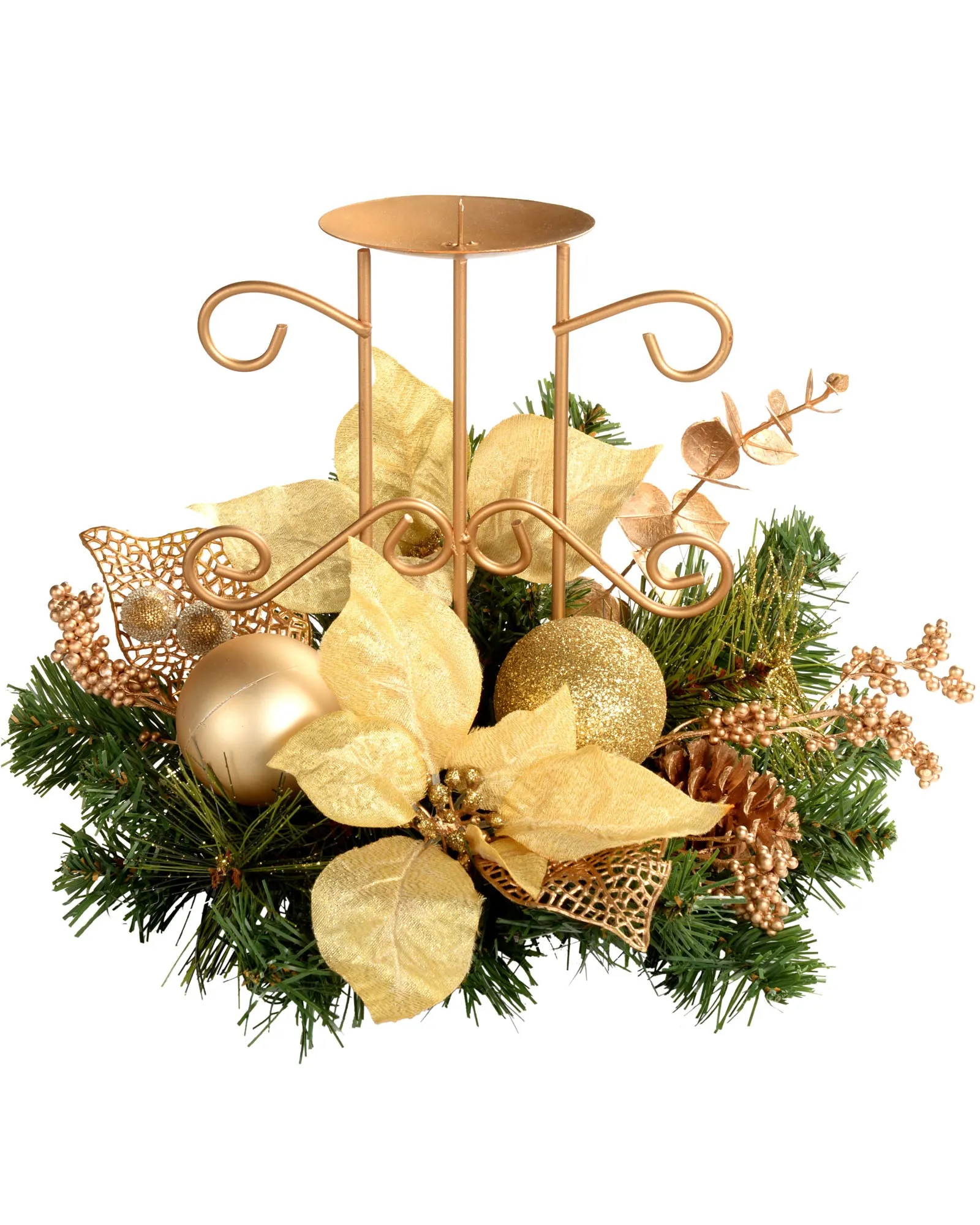 Decorated Table Centre Piece Candle Holder - Cream/ Gold, Single Pillar