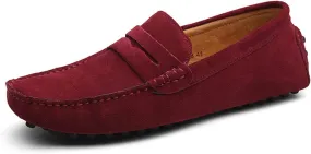 Easy to Put and Remove Smoking Loafer Driving Moccasins for Men Genuine Leather Suede Vamp Penny Loafer Stitching Details Round Toe Soft Flat Heel Flexible Comfortable for All Occasions Wine Red