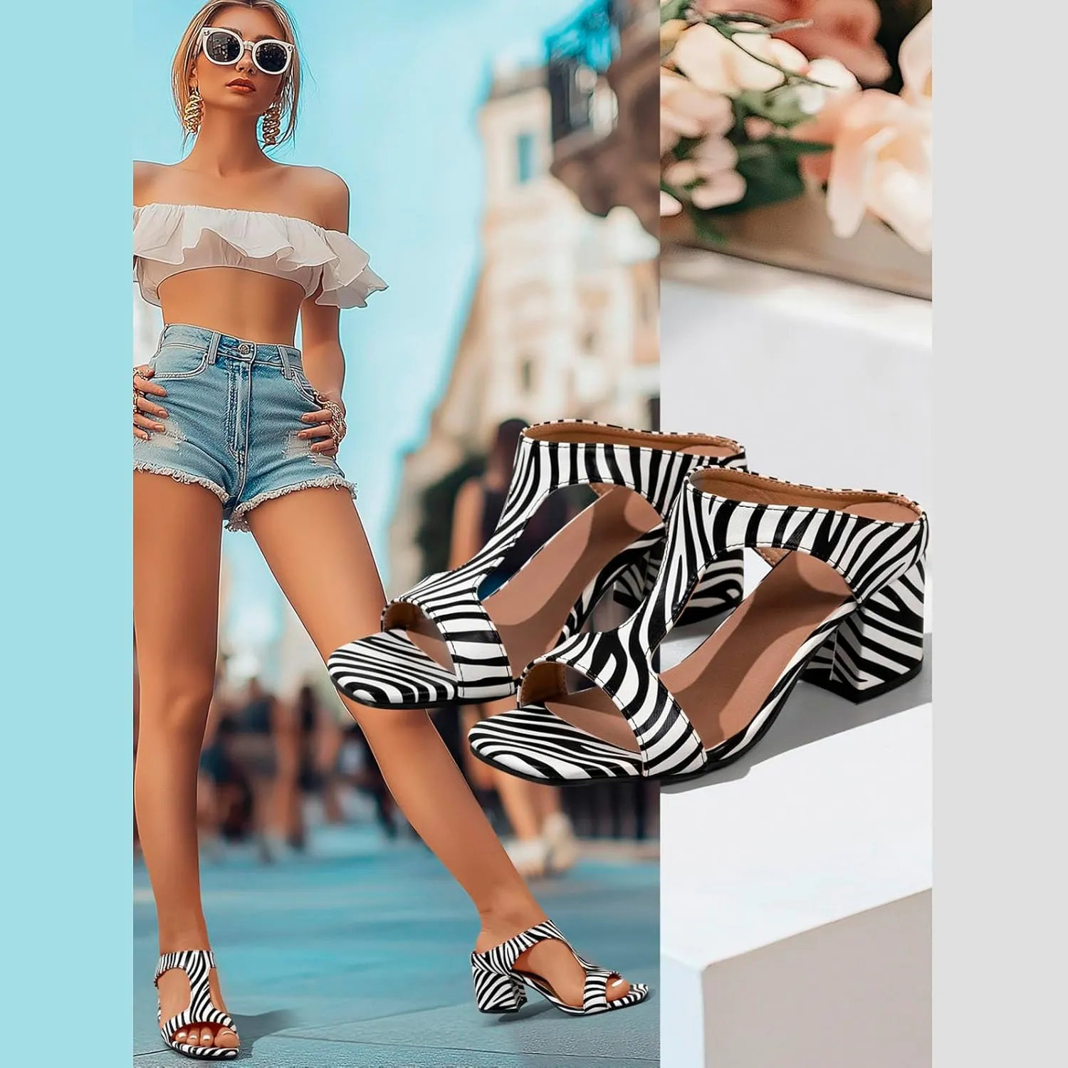 European Plus Size Fashionable Sexy Leopard Print Bag And Sandals Thick Heels High Heels Fish Closed Toe Slides Women