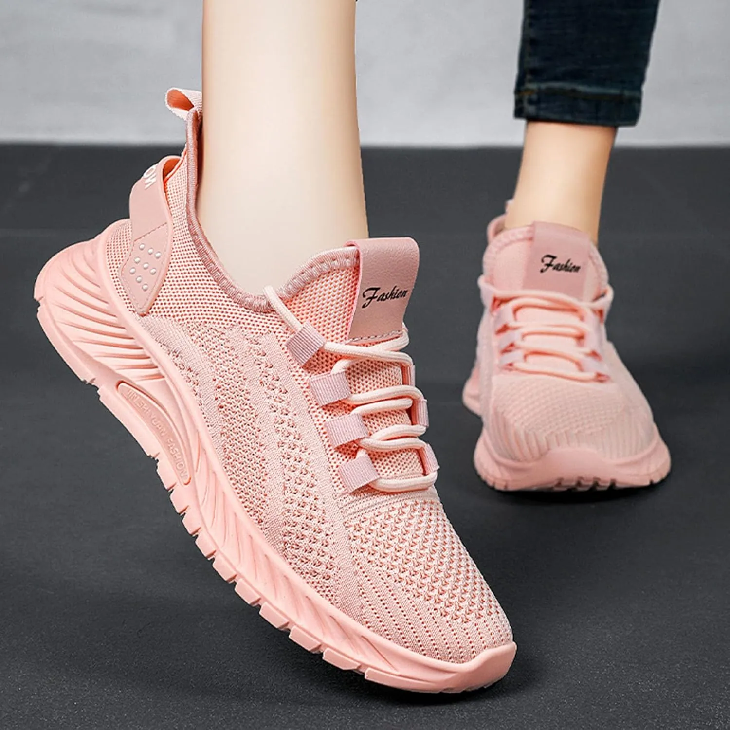 Flying Weaving Sneakers Women New Korean Fashion Round Head Lace Up Casual Shoes Thick Bottom Running Shoes Working