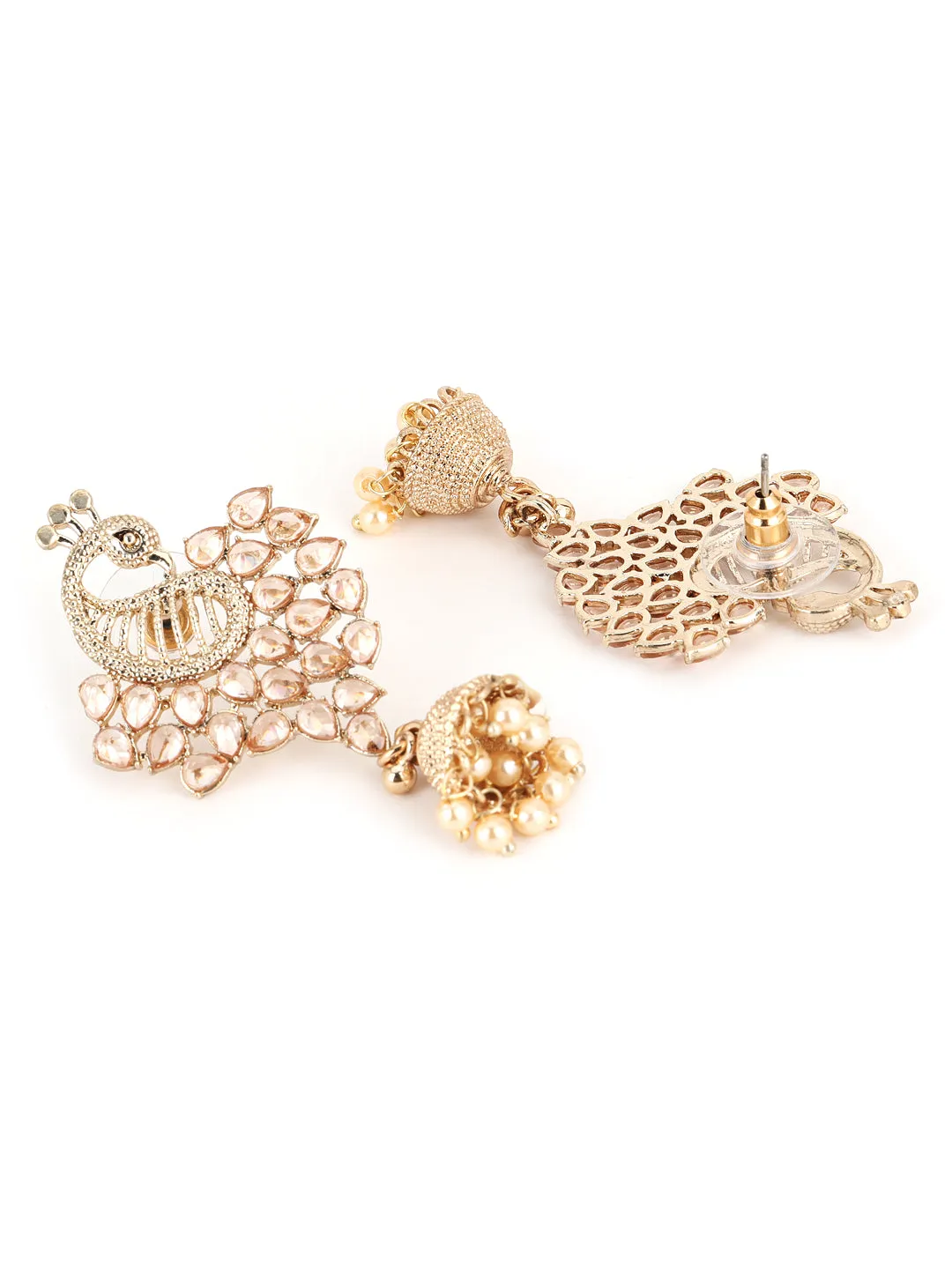 Gold-Plated Cz Studded Pearl Beaded Peacock Shaped Jhumka Drop Earrings