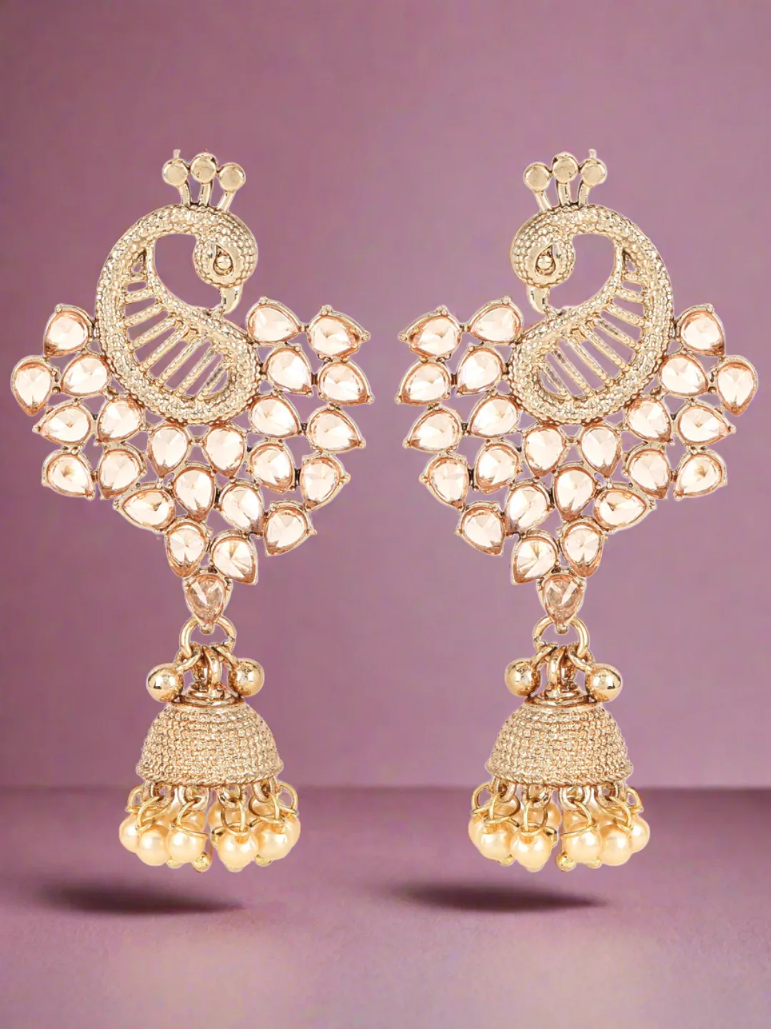 Gold-Plated Cz Studded Pearl Beaded Peacock Shaped Jhumka Drop Earrings