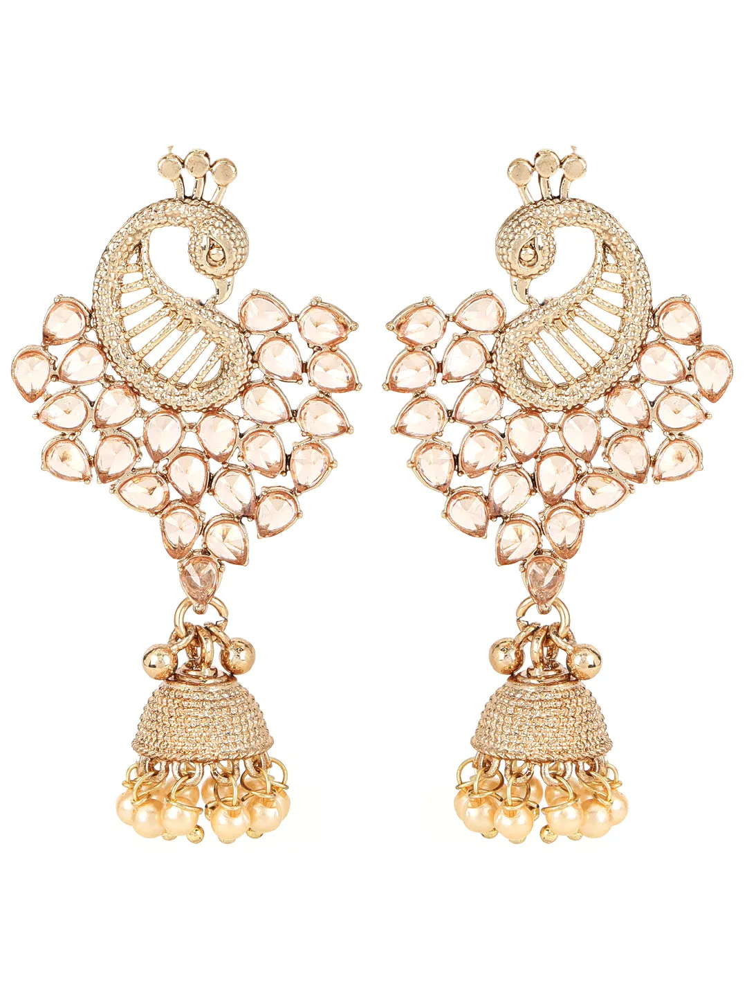 Gold-Plated Cz Studded Pearl Beaded Peacock Shaped Jhumka Drop Earrings
