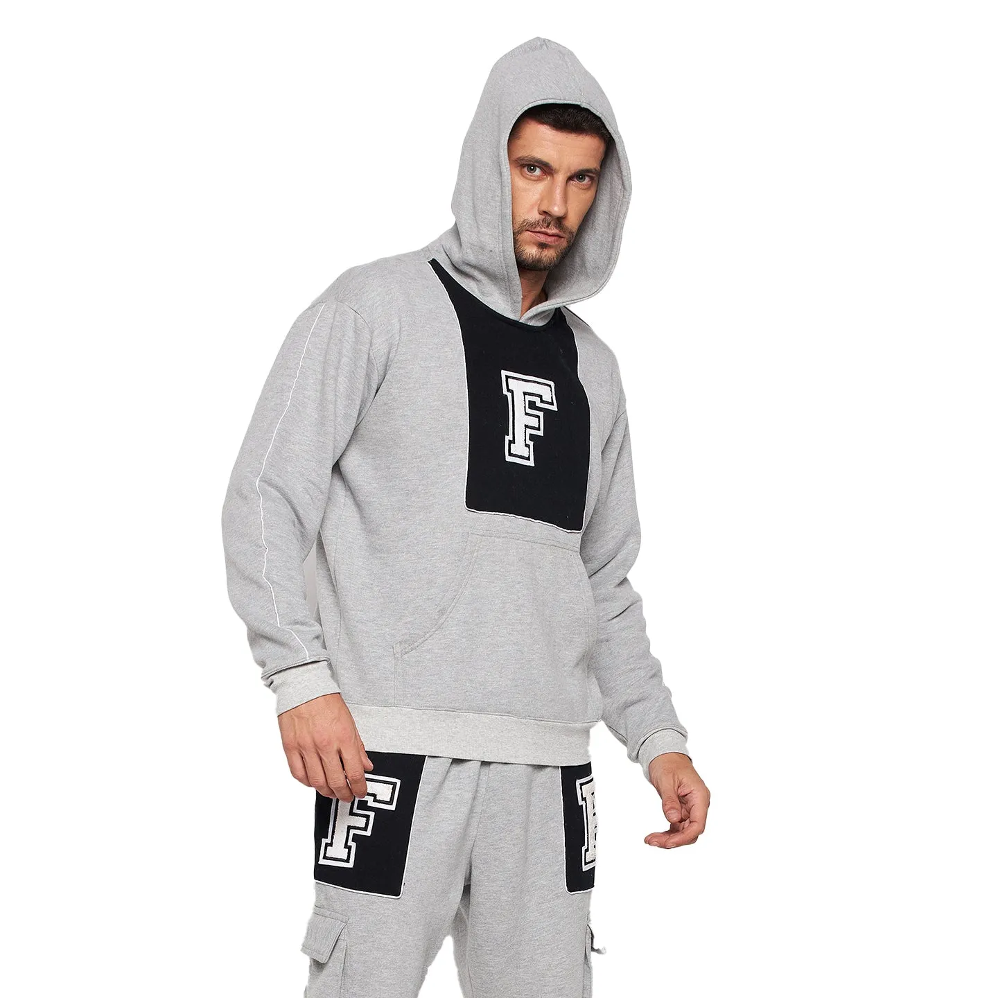 Grey Fleece Varsity Oversized Hooded Sweatshirt