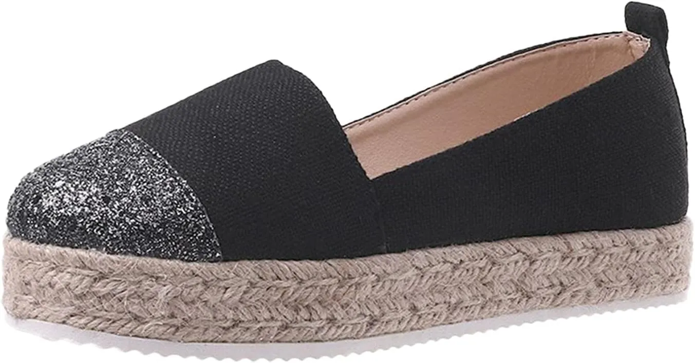 Hbeylia Platform Espadrilles for Women Breathable Cotton Linen Glitter Sequin Closed Toe Slip On Sneaker Shoes High Heel Dress Loafer Ballet Flat for Ladies (Black, 9)