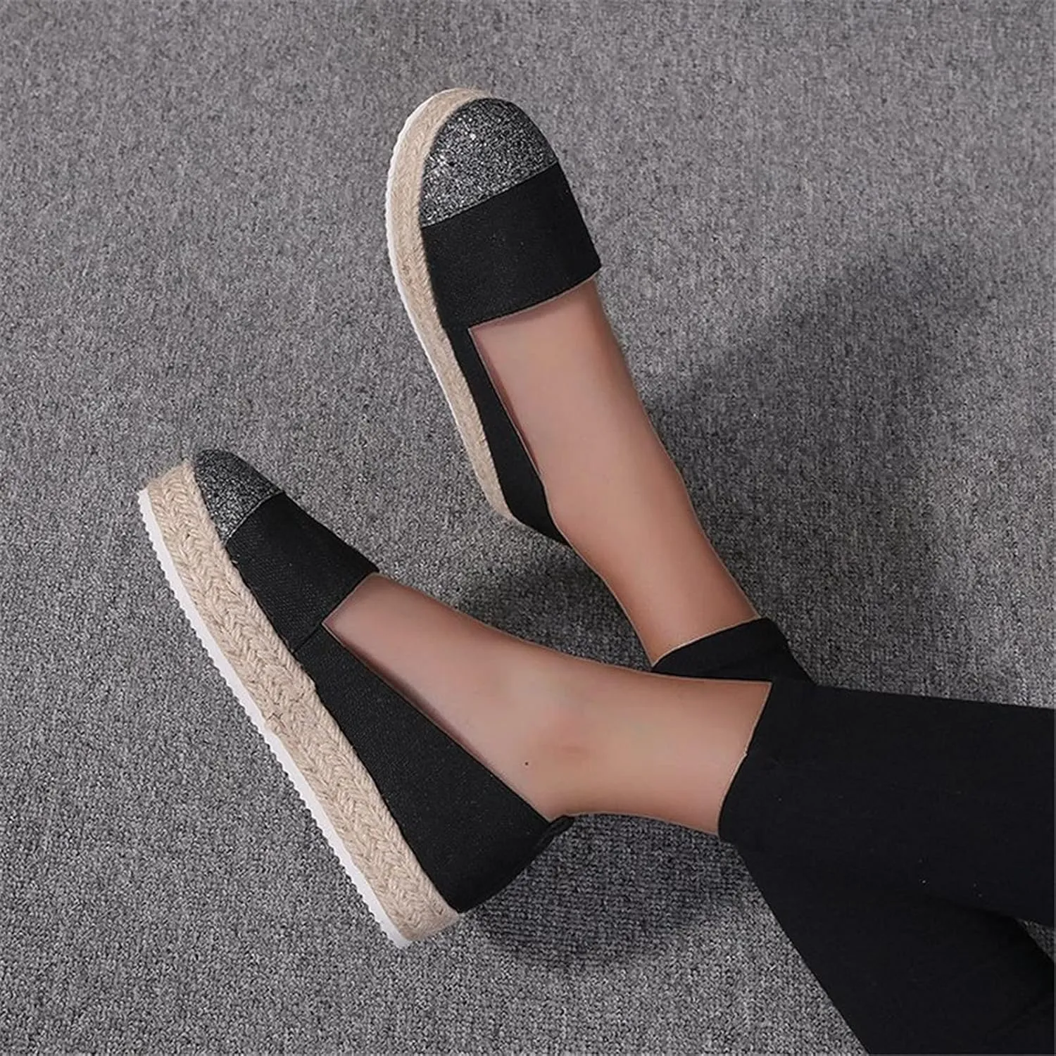 Hbeylia Platform Espadrilles for Women Breathable Cotton Linen Glitter Sequin Closed Toe Slip On Sneaker Shoes High Heel Dress Loafer Ballet Flat for Ladies (Black, 9)