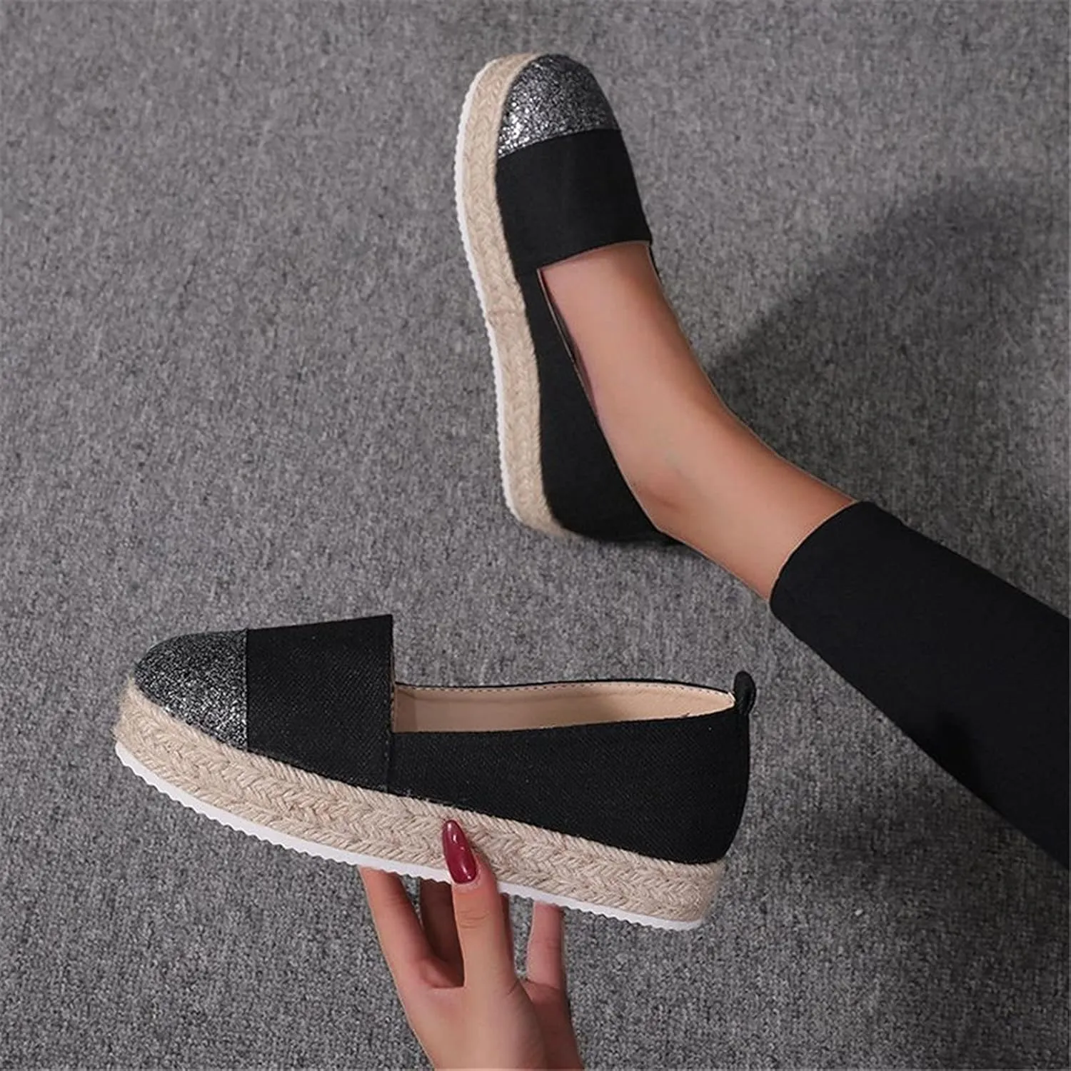 Hbeylia Platform Espadrilles for Women Breathable Cotton Linen Glitter Sequin Closed Toe Slip On Sneaker Shoes High Heel Dress Loafer Ballet Flat for Ladies (Black, 9)