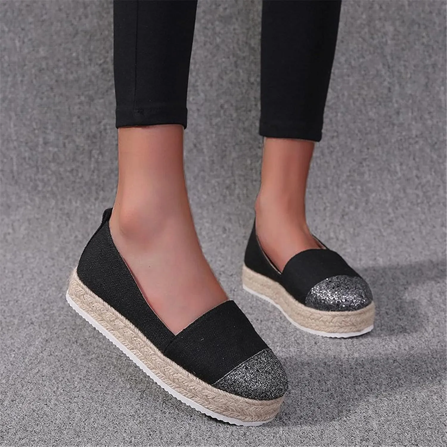 Hbeylia Platform Espadrilles for Women Breathable Cotton Linen Glitter Sequin Closed Toe Slip On Sneaker Shoes High Heel Dress Loafer Ballet Flat for Ladies (Black, 9)