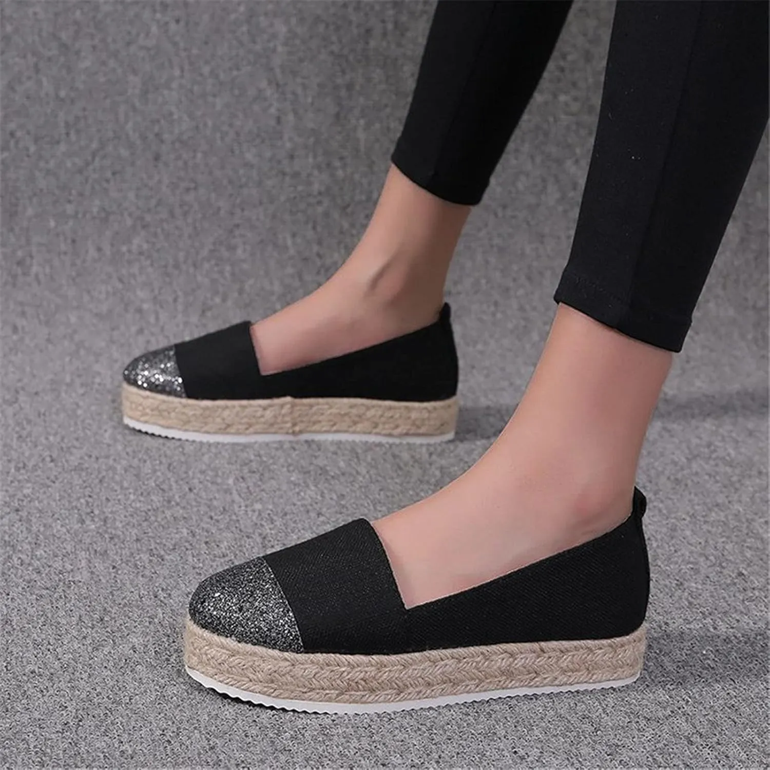 Hbeylia Platform Espadrilles for Women Breathable Cotton Linen Glitter Sequin Closed Toe Slip On Sneaker Shoes High Heel Dress Loafer Ballet Flat for Ladies (Black, 9)