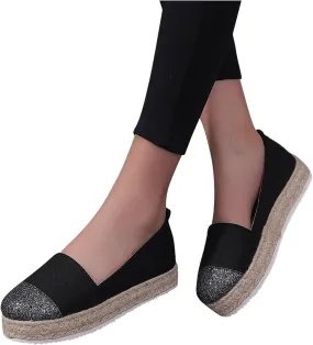 Hbeylia Platform Espadrilles for Women Breathable Cotton Linen Glitter Sequin Closed Toe Slip On Sneaker Shoes High Heel Dress Loafer Ballet Flat for Ladies (Black, 9)