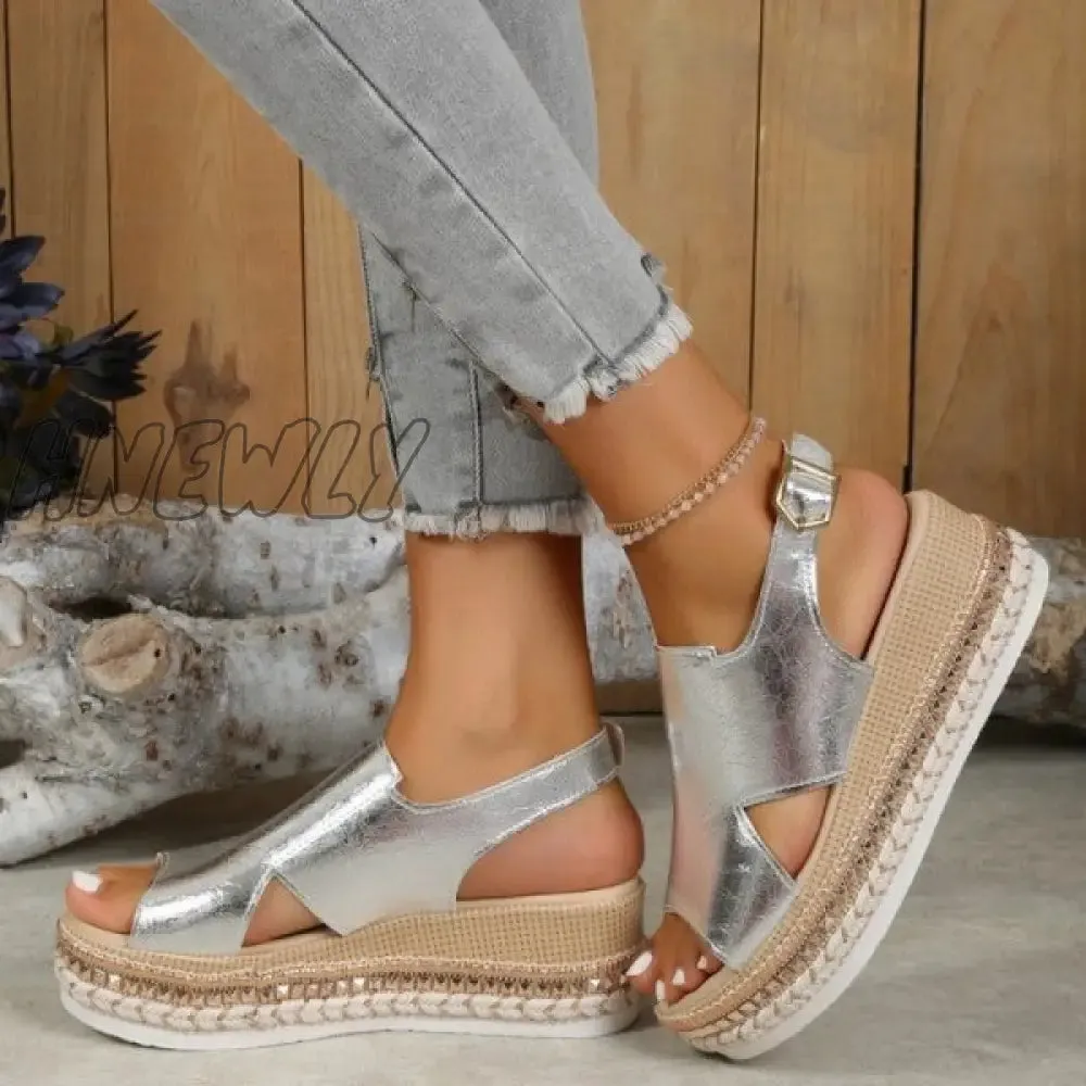 Hnewly - Gold Casual Hollowed Out Patchwork Fish Mouth Out Door Wedges Shoes (Heel Height 1.97in)