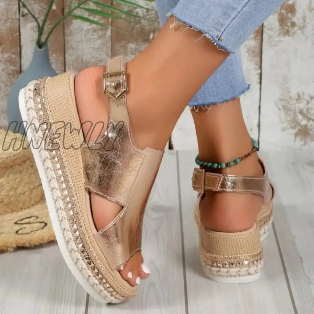 Hnewly - Gold Casual Hollowed Out Patchwork Fish Mouth Out Door Wedges Shoes (Heel Height 1.97in)