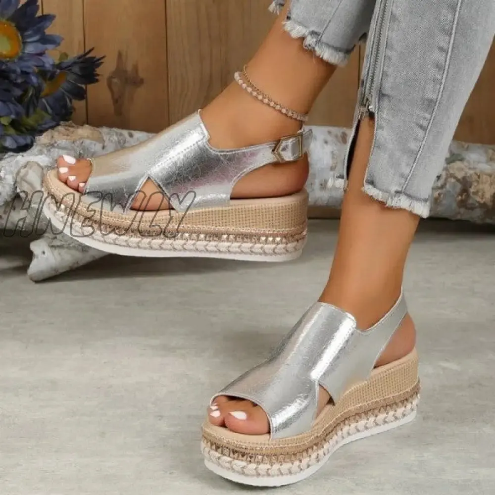 Hnewly - Gold Casual Hollowed Out Patchwork Fish Mouth Out Door Wedges Shoes (Heel Height 1.97in)