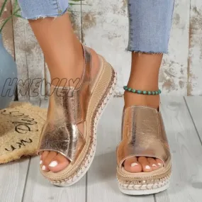 Hnewly - Gold Casual Hollowed Out Patchwork Fish Mouth Out Door Wedges Shoes (Heel Height 1.97in)