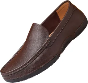 HOOENG Loafer Shoes for Men Genuine Leather Round Toe Stitching Details Soft Lightweight Flexible Anti-Slip Resistant Driving Slip on (Color : Brown, Size : 8.5)