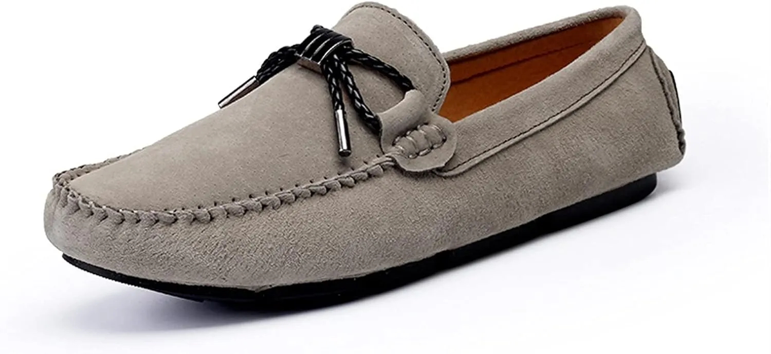 HOOENG Loafers Smoking Loafer Driving Moccasins for Men Genuine Leather Round Toe Stitching Details Bow Resistant Flexible Flat Heel Soft Walking Slip on (Color : Beige, Size : 7.5 M US)