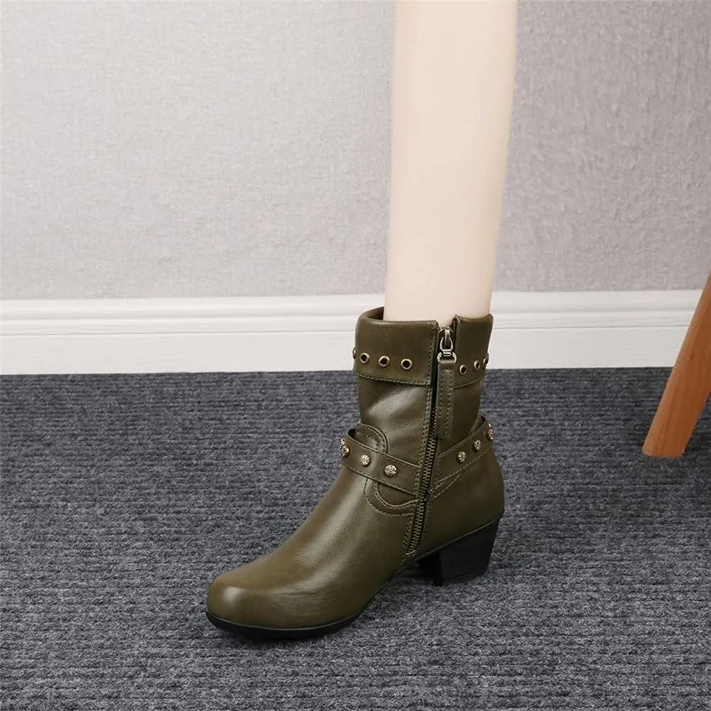 JFISQ Round Toe Western Ankle Boots, Women's Vintage Zipper Belt Buckle Leather Cowboy Boots Ladies Chunky Square Heel Shoes Mid Calf Plus Size Knight Boots