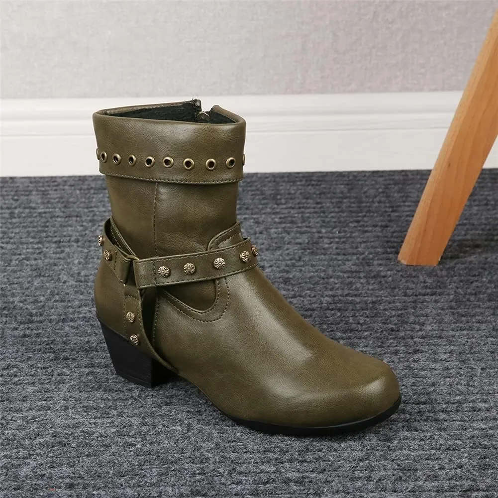 JFISQ Round Toe Western Ankle Boots, Women's Vintage Zipper Belt Buckle Leather Cowboy Boots Ladies Chunky Square Heel Shoes Mid Calf Plus Size Knight Boots