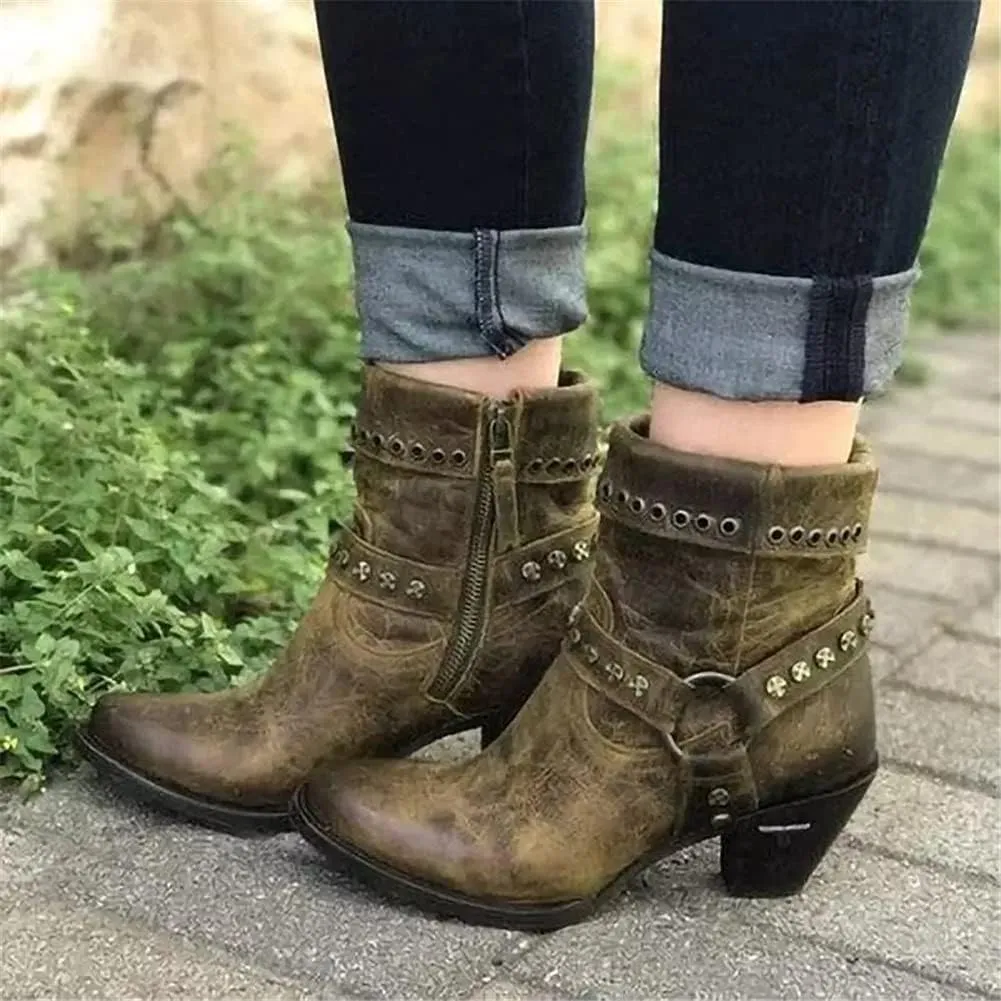JFISQ Round Toe Western Ankle Boots, Women's Vintage Zipper Belt Buckle Leather Cowboy Boots Ladies Chunky Square Heel Shoes Mid Calf Plus Size Knight Boots