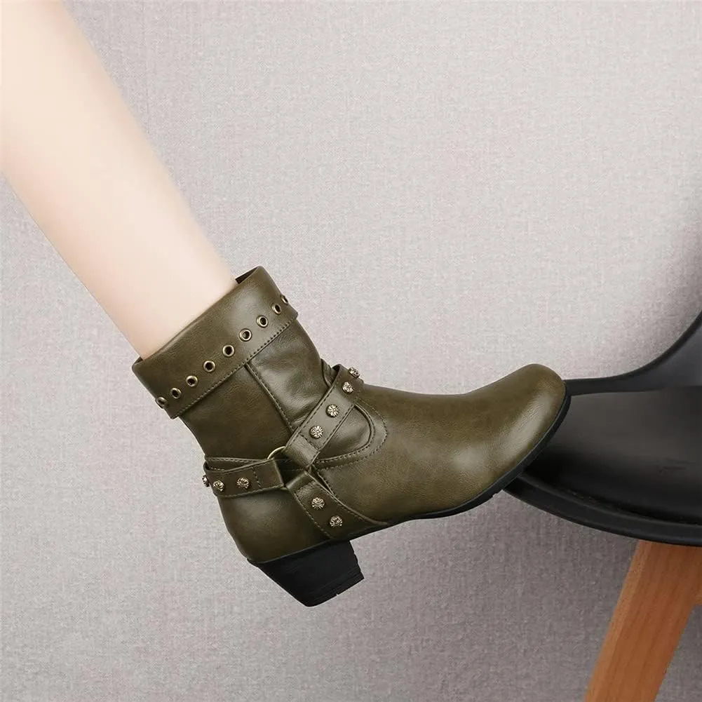 JFISQ Round Toe Western Ankle Boots, Women's Vintage Zipper Belt Buckle Leather Cowboy Boots Ladies Chunky Square Heel Shoes Mid Calf Plus Size Knight Boots