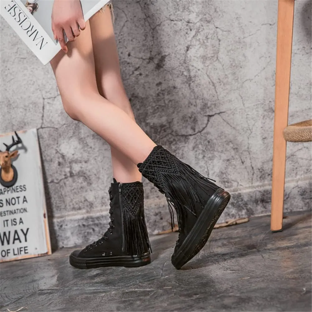 JFISQ Women's Canvas Single Shoes 2022 New, Embroidery Beaded Tassel Flats Short Booties Shoes Round Toe Work Boots Lace-Up Zipper Comfortable Sneakers Casual Ankle Boots