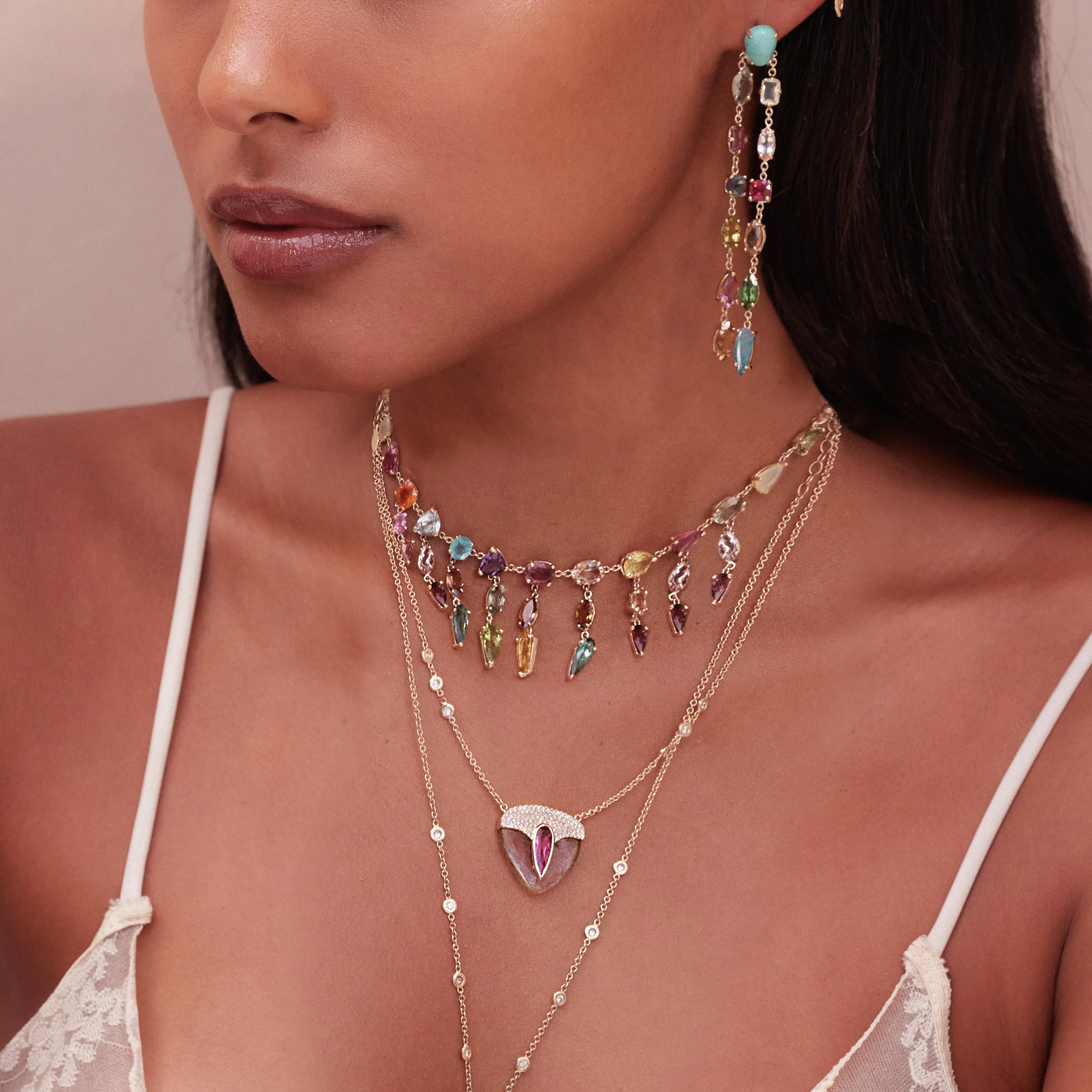 LARGE PAVE PINK TOURMALINE TEARDROP CAP   LIGHT WATERMELON TOURMALINE SLICE NECKLACE