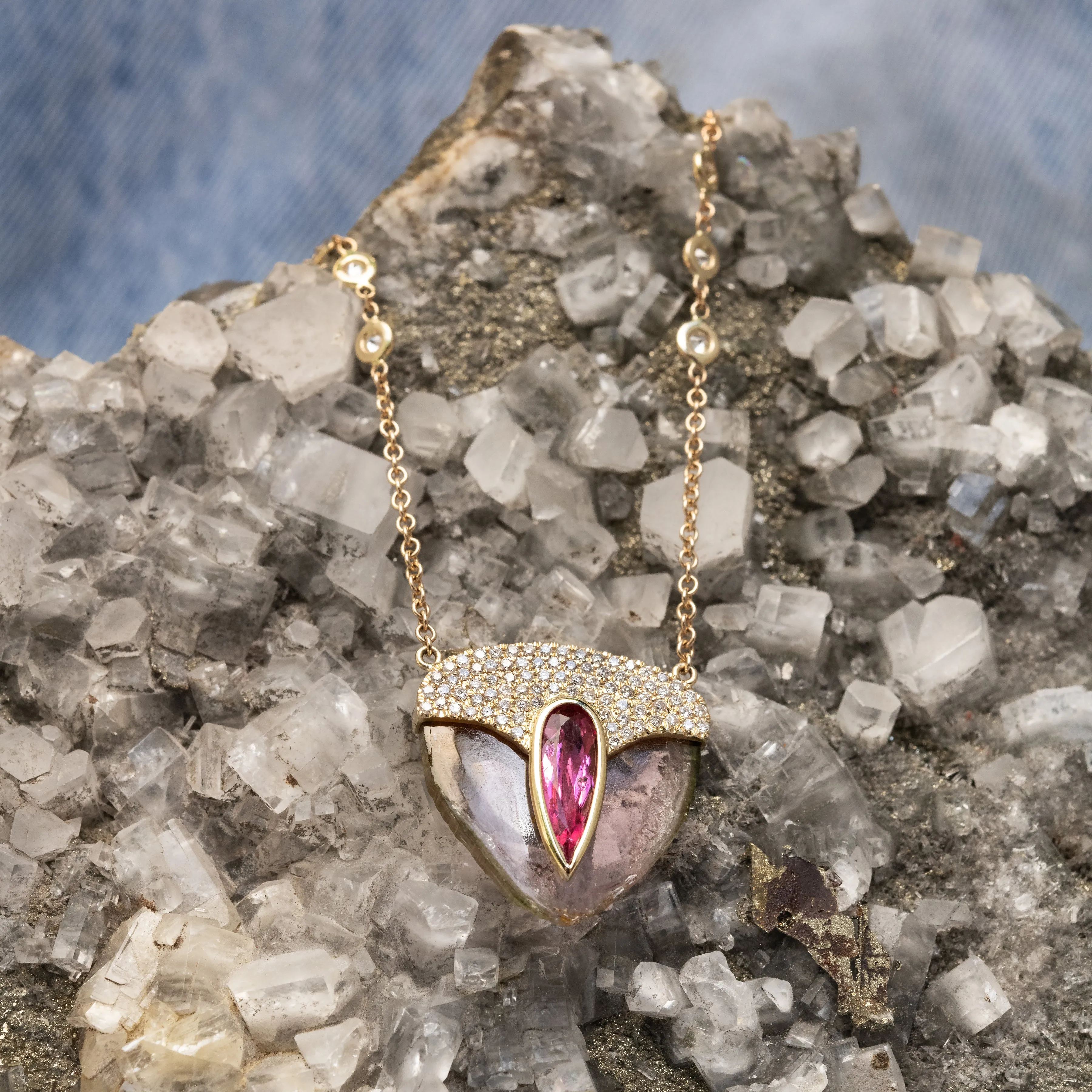LARGE PAVE PINK TOURMALINE TEARDROP CAP   LIGHT WATERMELON TOURMALINE SLICE NECKLACE