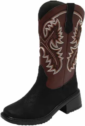 LAVAEGG Women's Square Toe Patchwork Embroidered Mid-Calf Western Cowboy Cowgirl Boots with Pull-Up Tabs Stain and water resistant cow suede upper