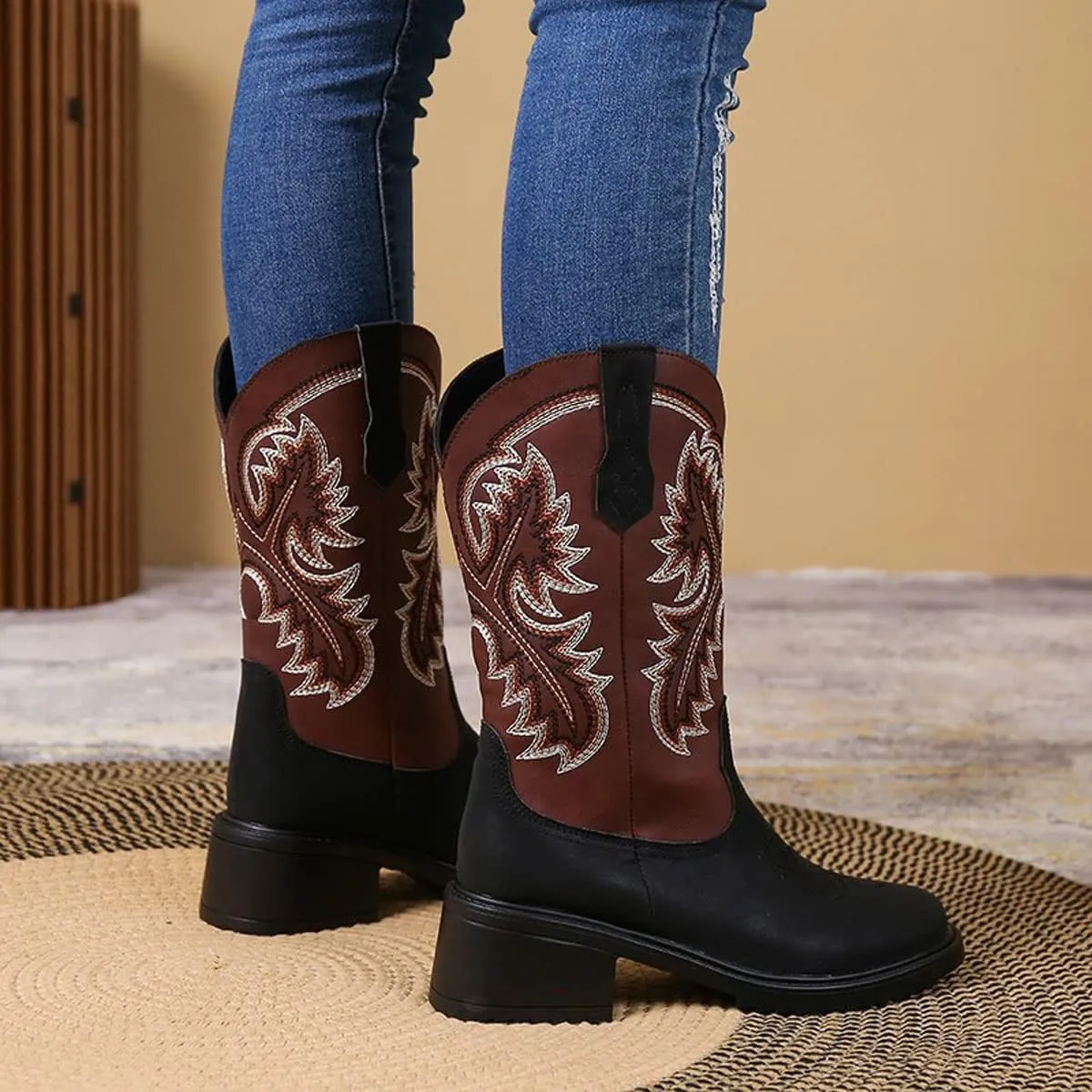LAVAEGG Women's Square Toe Patchwork Embroidered Mid-Calf Western Cowboy Cowgirl Boots with Pull-Up Tabs Stain and water resistant cow suede upper