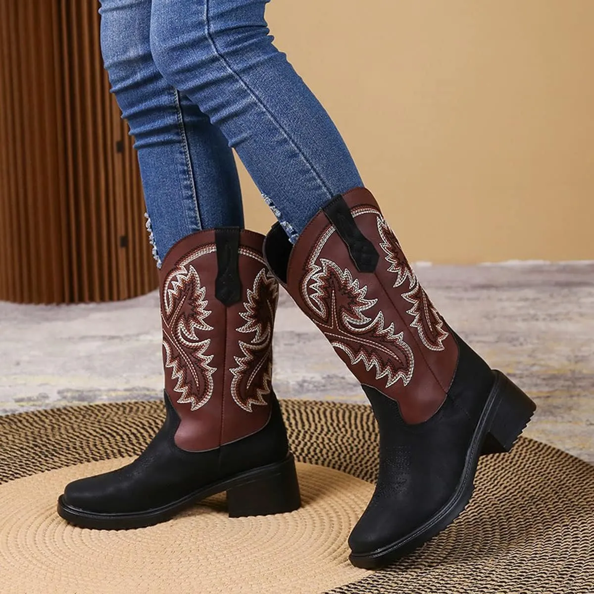 LAVAEGG Women's Square Toe Patchwork Embroidered Mid-Calf Western Cowboy Cowgirl Boots with Pull-Up Tabs Stain and water resistant cow suede upper