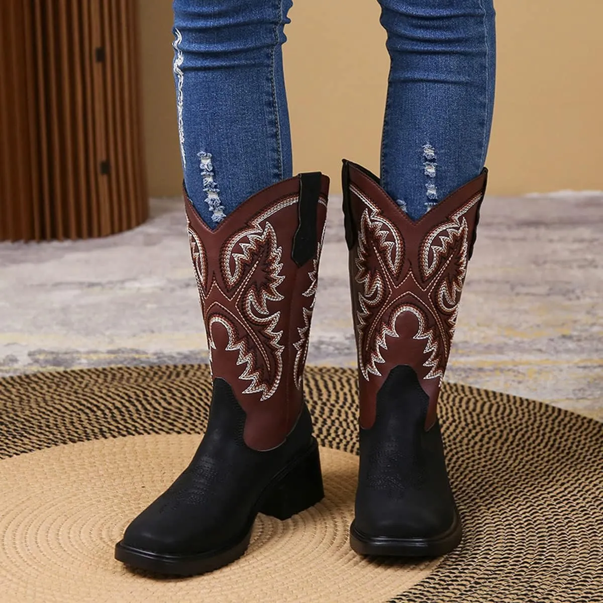 LAVAEGG Women's Square Toe Patchwork Embroidered Mid-Calf Western Cowboy Cowgirl Boots with Pull-Up Tabs Stain and water resistant cow suede upper