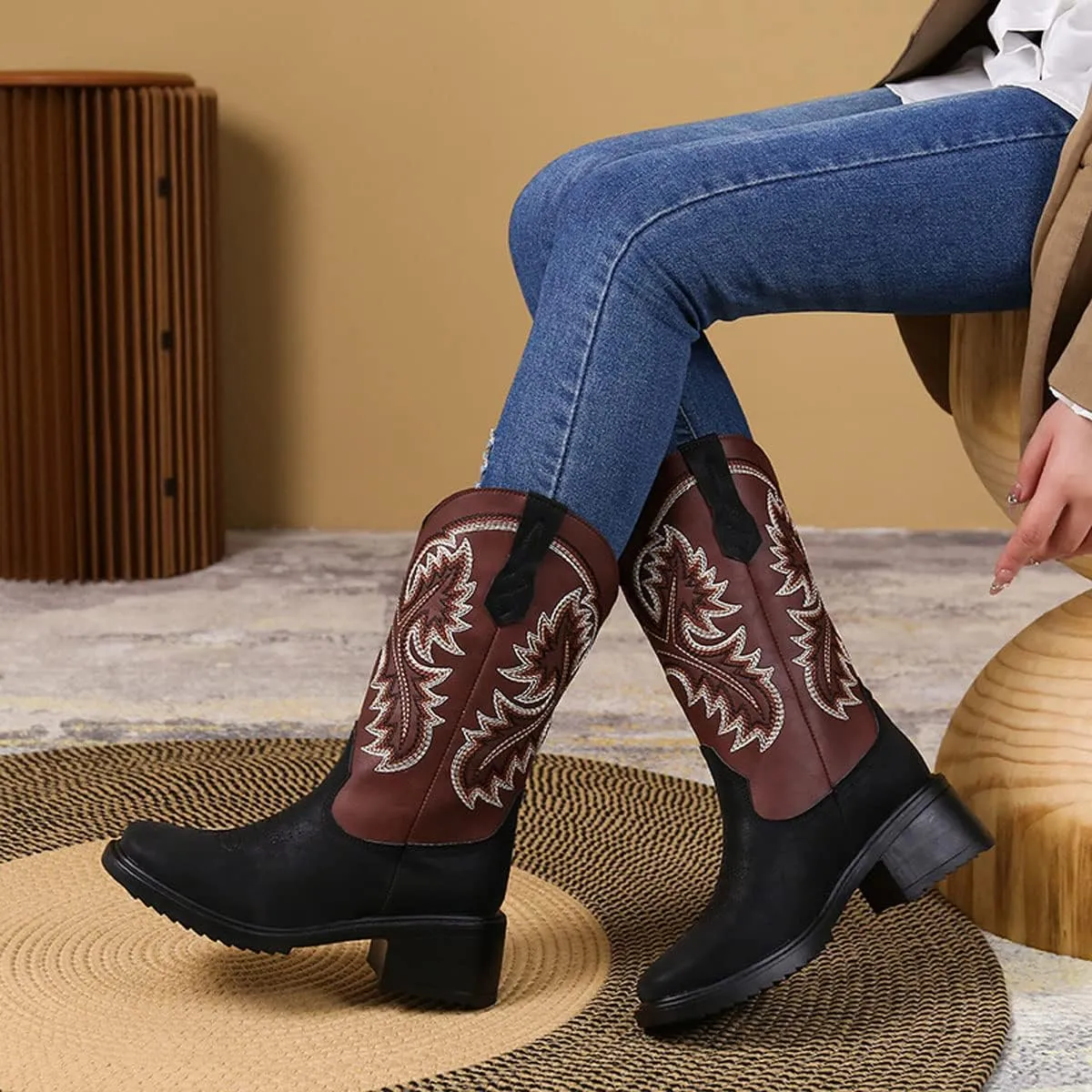 LAVAEGG Women's Square Toe Patchwork Embroidered Mid-Calf Western Cowboy Cowgirl Boots with Pull-Up Tabs Stain and water resistant cow suede upper