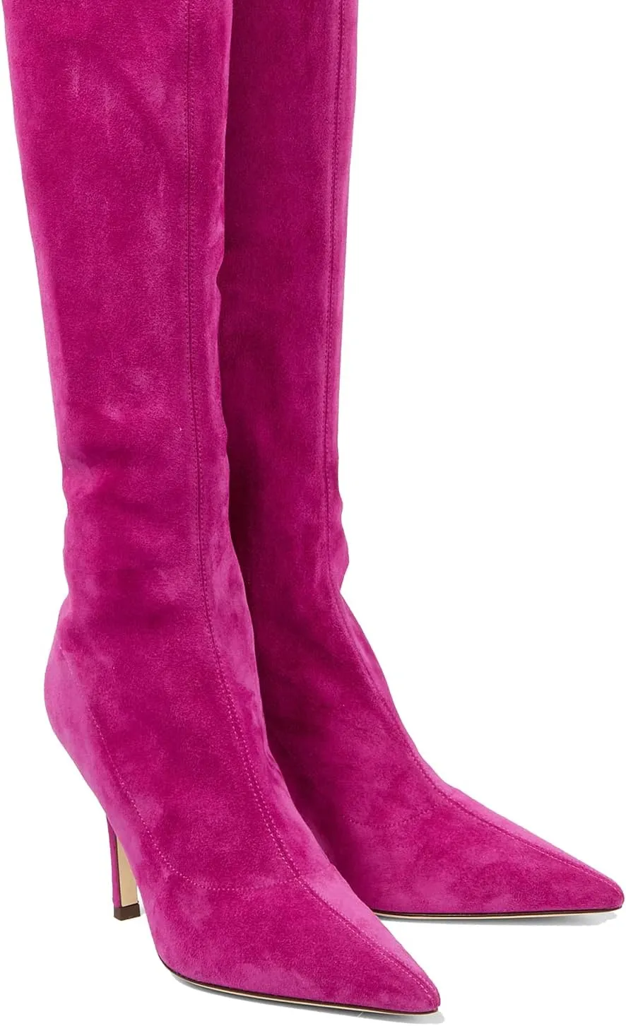 LEHOOR Sexy High Heels Thigh High Stiletto Boots Women Pointed Toe Stretch Zip Kitten Heel Suede Over Knee Boots 4-11 M US