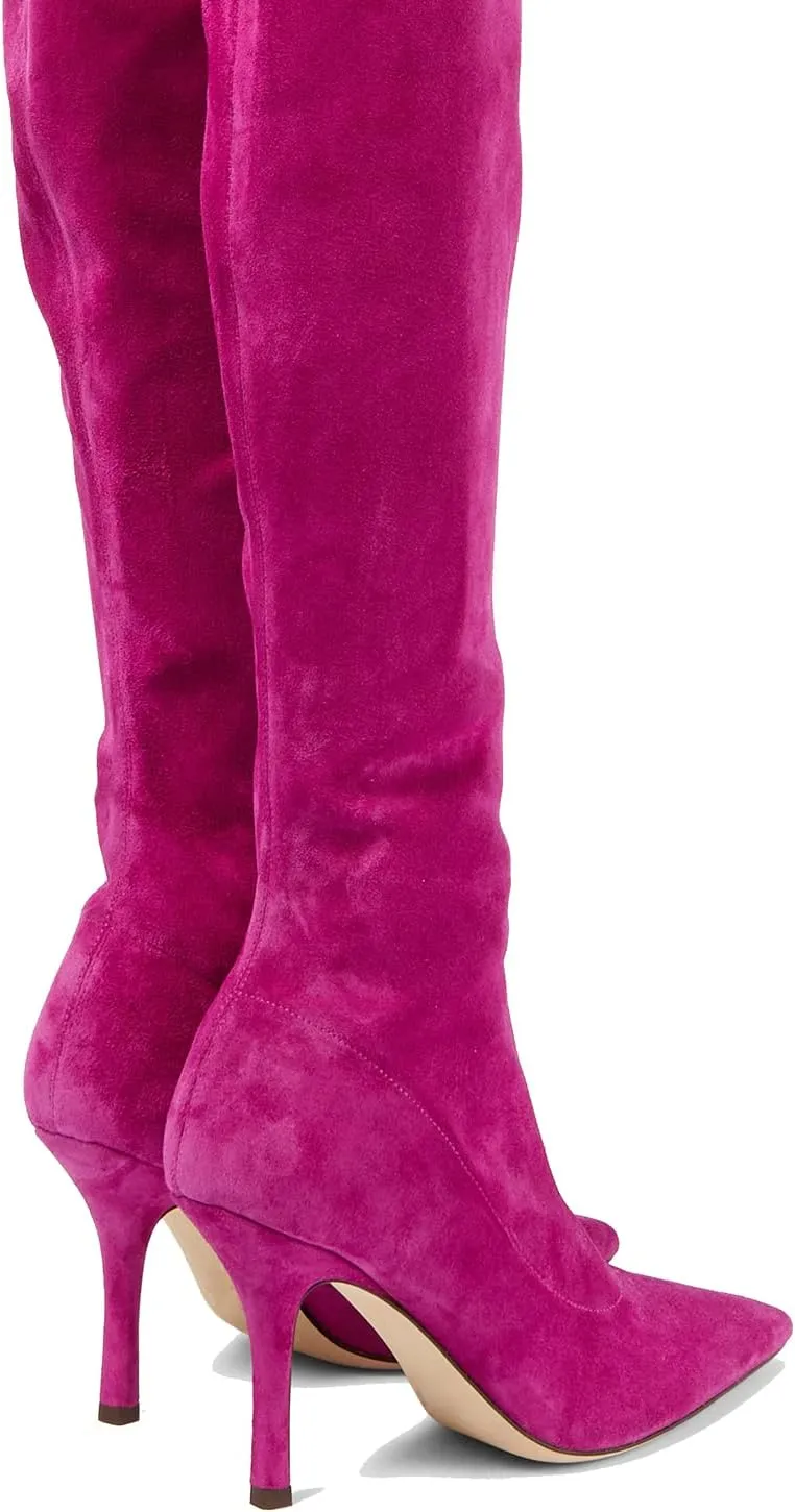 LEHOOR Sexy High Heels Thigh High Stiletto Boots Women Pointed Toe Stretch Zip Kitten Heel Suede Over Knee Boots 4-11 M US