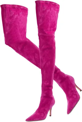 LEHOOR Sexy High Heels Thigh High Stiletto Boots Women Pointed Toe Stretch Zip Kitten Heel Suede Over Knee Boots 4-11 M US