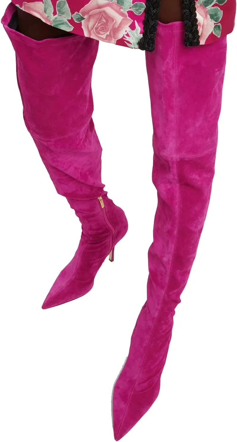 LEHOOR Sexy High Heels Thigh High Stiletto Boots Women Pointed Toe Stretch Zip Kitten Heel Suede Over Knee Boots 4-11 M US