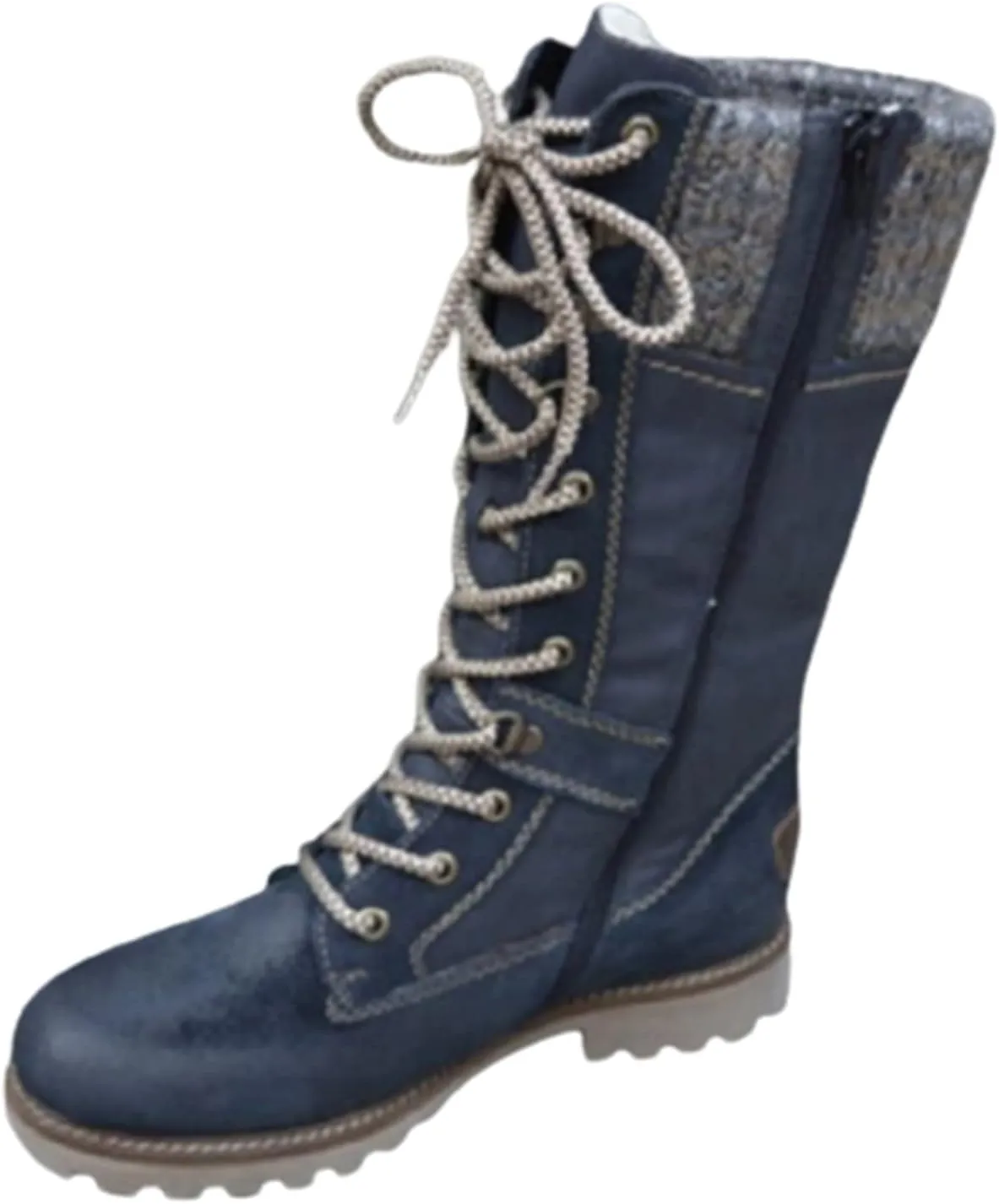 LIUsj JUNST Women Mid-Calf Boots Platform Chunky Heel Lace Up Winter Boots Fashion Wool Round Toe Side Zip Closure Combat Boots Women's Ankle Boots & Booties Ladies Snow Boots,Blue,43