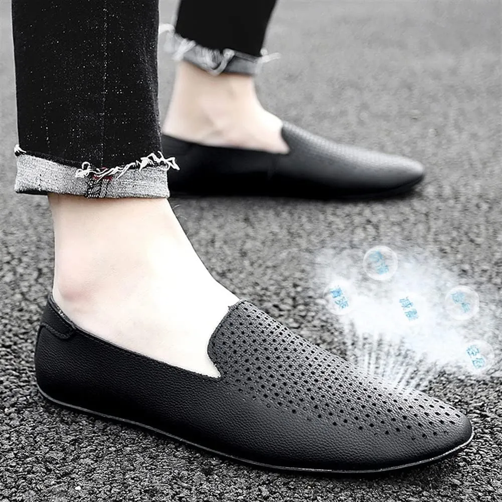Loafer Shoes for Men Genuine Leather Pointed Toe Perforated Breathable Rubber Sole Anti-Slip Resistant Lightweight Flat Heel Driving Slip on for Any Attire