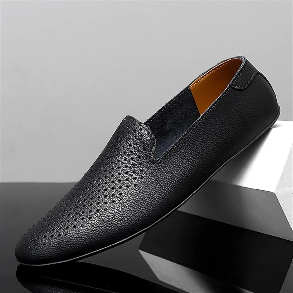 Loafer Shoes for Men Genuine Leather Pointed Toe Perforated Breathable Rubber Sole Anti-Slip Resistant Lightweight Flat Heel Driving Slip on for Any Attire