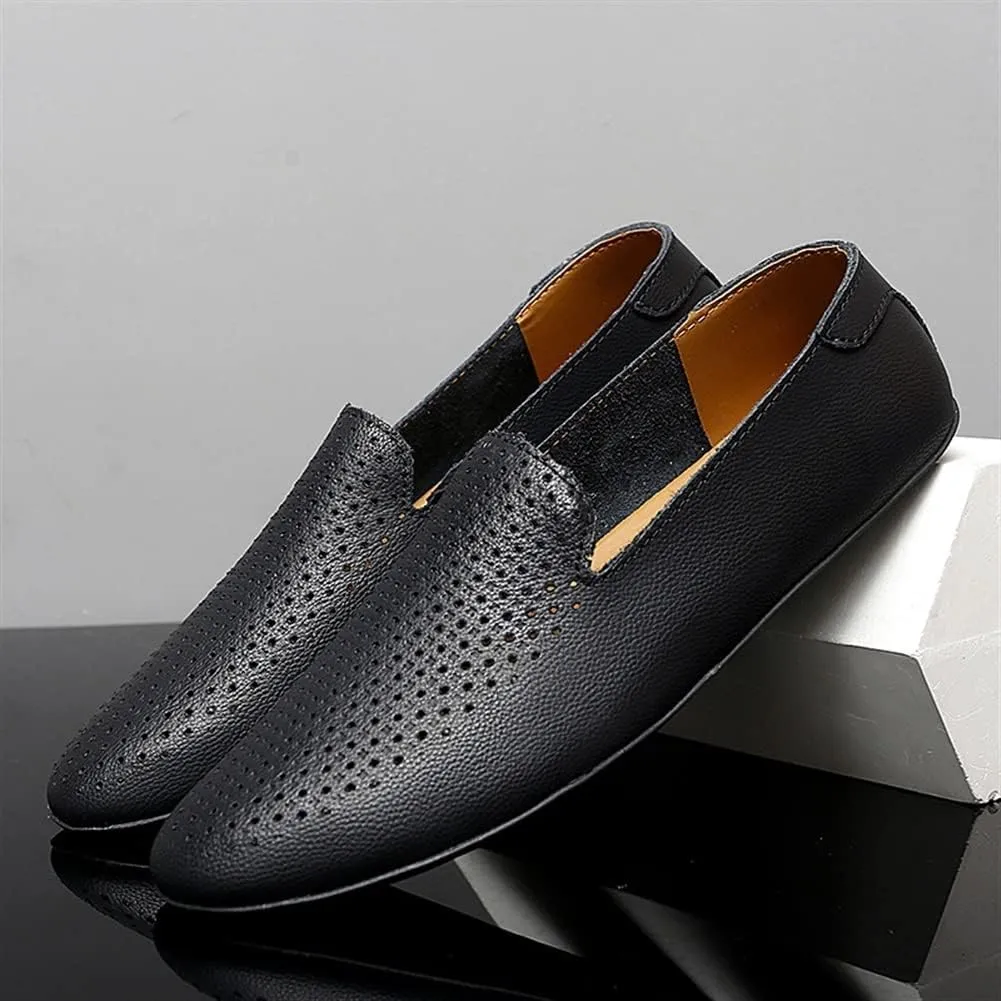 Loafer Shoes for Men Genuine Leather Pointed Toe Perforated Breathable Rubber Sole Anti-Slip Resistant Lightweight Flat Heel Driving Slip on for Any Attire