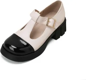 Loafers for Women Stylish Women's Leather Patchwork T-Strap Goth Pumps Platform Sweet Shoes for Girls and Ladies