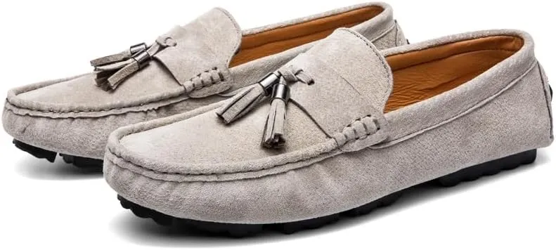 Mens Loafers Shoe Round Toe Solid Color with Tassel Suede Vamp Driving Loafers Resistant Flat Heel Anti-Slip Walking Slip On