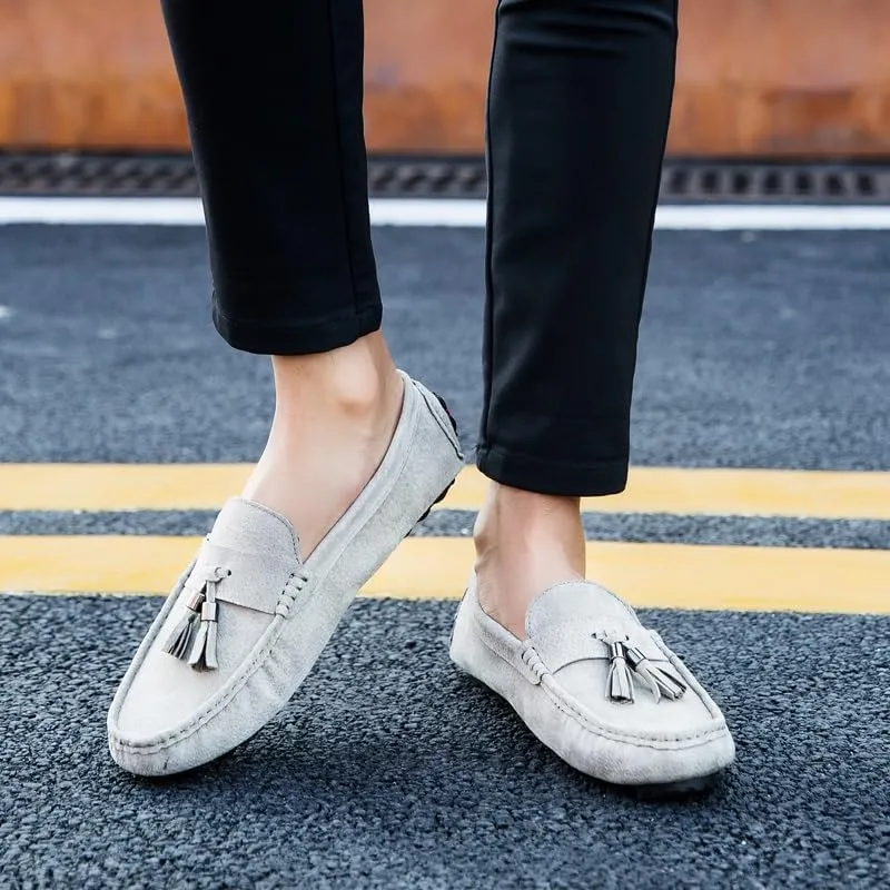 Mens Loafers Shoe Round Toe Solid Color with Tassel Suede Vamp Driving Loafers Resistant Flat Heel Anti-Slip Walking Slip On