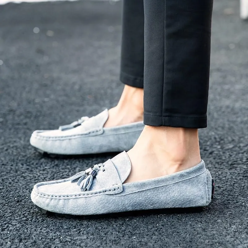 Mens Loafers Shoe Round Toe Solid Color with Tassel Suede Vamp Driving Loafers Resistant Flat Heel Anti-Slip Walking Slip On