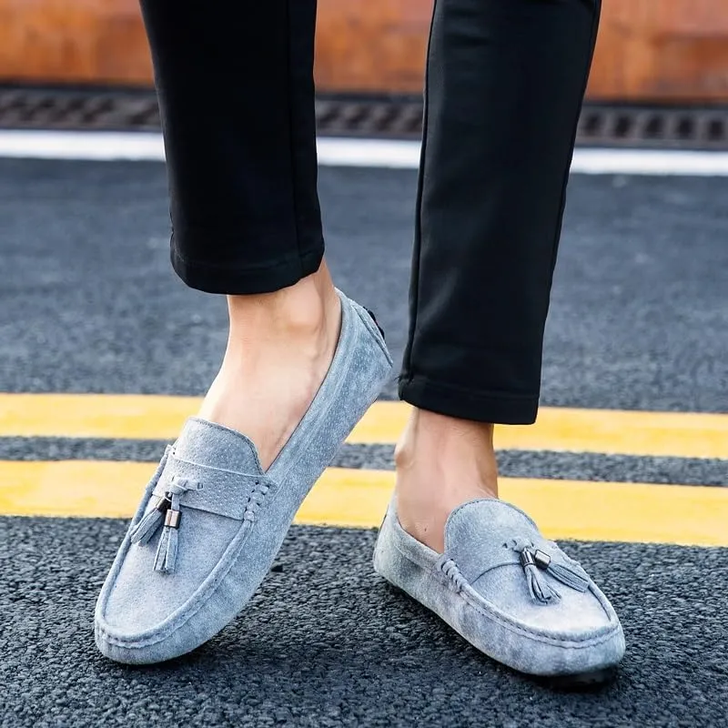 Mens Loafers Shoe Round Toe Solid Color with Tassel Suede Vamp Driving Loafers Resistant Flat Heel Anti-Slip Walking Slip On