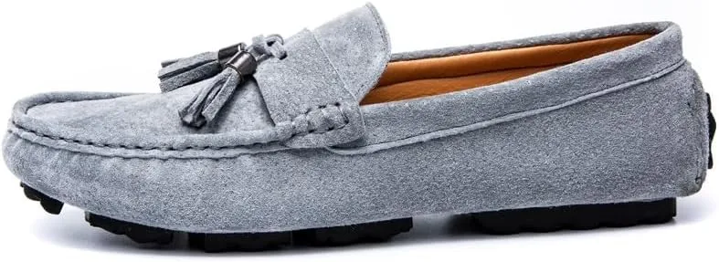 Mens Loafers Shoe Round Toe Solid Color with Tassel Suede Vamp Driving Loafers Resistant Flat Heel Anti-Slip Walking Slip On